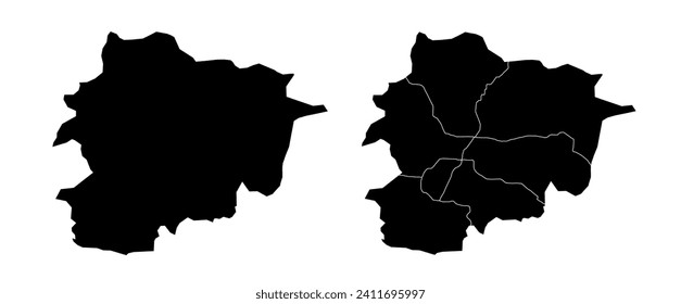 Conjunto de mapas estatales de Andorra con división de regiones y municipios. Bordes departamentales, mapas vectoriales aislados sobre fondo blanco.
