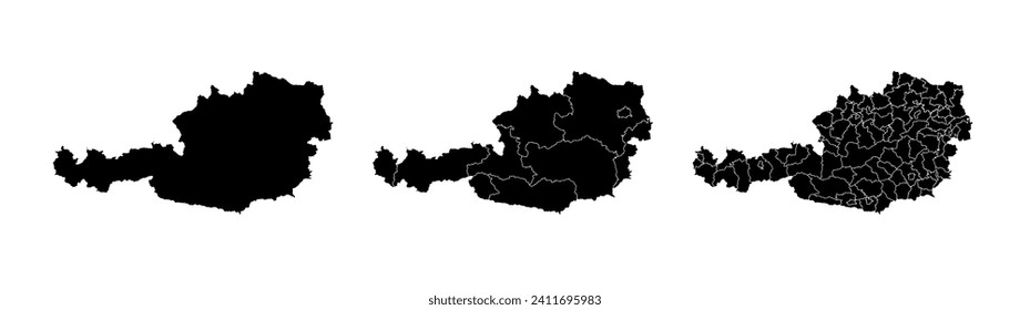 Länderkarten von Österreich mit Regionen und Gemeinden. Außengrenzen, einzelne Vektorkarten auf weißem Hintergrund.