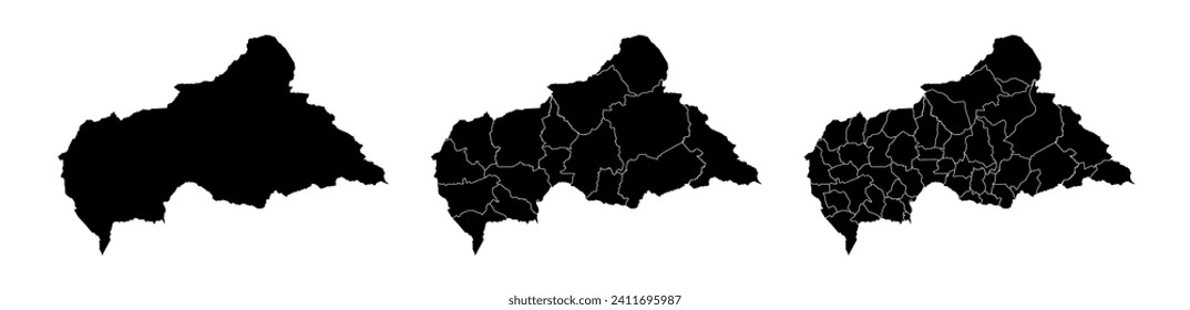 Conjunto de mapas estatales de la República Centroafricana con división de regiones y municipios. Bordes departamentales, mapas vectoriales aislados sobre fondo blanco.