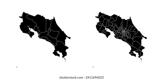 Set of state maps of Costa Rica with regions and municipalities division. Department borders, isolated vector maps on white background.