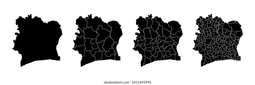 Set of state maps of Cote d Ivoire with regions and municipalities division. Department borders, isolated vector maps on white background.