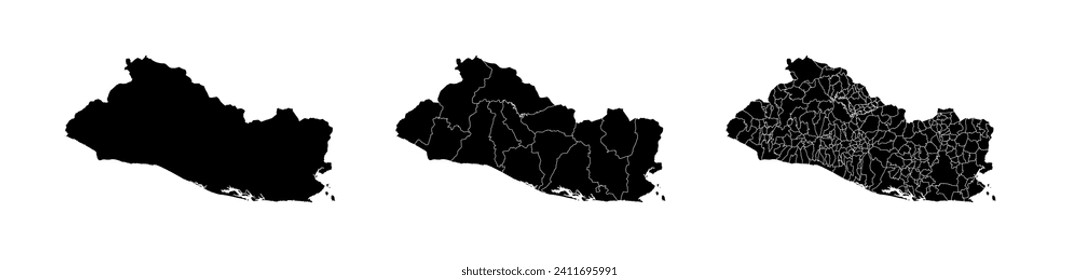 Set of state maps of El Salvador with regions and municipalities division. Department borders, isolated vector maps on white background.