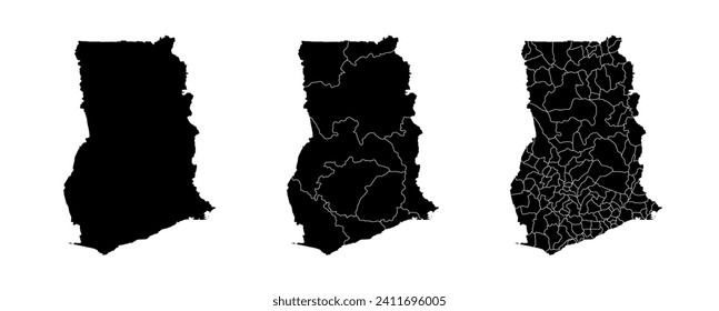 Set of state maps of Ghana with regions and municipalities division. Department borders, isolated vector maps on white background.