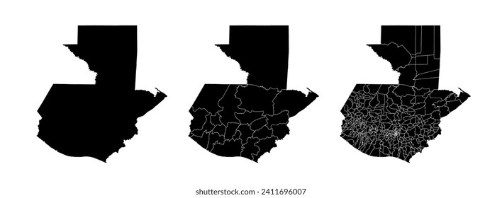 Set of state maps of Guatemala with regions and municipalities division. Department borders, isolated vector maps on white background.