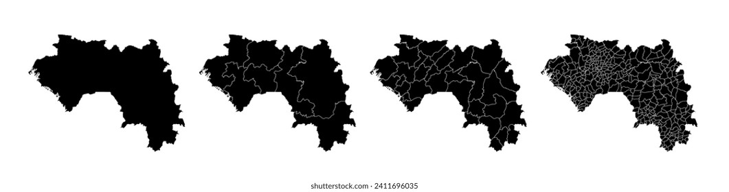 Conjunto de mapas estatales de Guinea con división de regiones y municipios. Bordes departamentales, mapas vectoriales aislados sobre fondo blanco.
