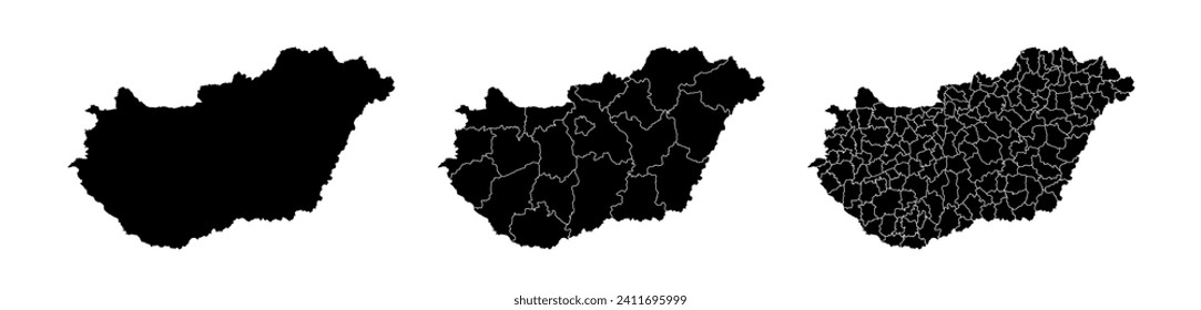 Conjunto de mapas estatales de Hungría con división de regiones y municipios. Bordes departamentales, mapas vectoriales aislados sobre fondo blanco.