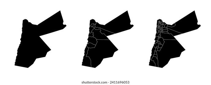 Conjunto de mapas estatales de Jordania con división de regiones y municipios. Bordes departamentales, mapas vectoriales aislados sobre fondo blanco.