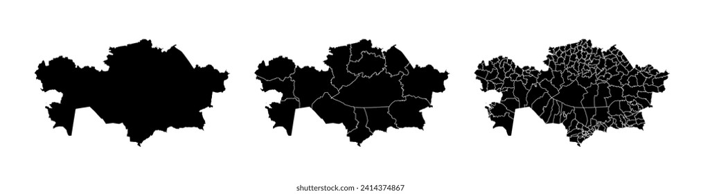 Set of state maps of Kazakhstan with regions and municipalities division. Department borders, isolated vector maps on white background.