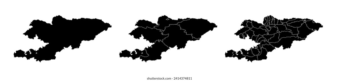 Set of state maps of Kyrgyzstan with regions and municipalities division. Department borders, isolated vector maps on white background.