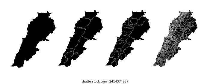 Set of state maps of Lebanon with regions and municipalities division. Department borders, isolated vector maps on white background.