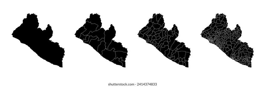 Conjunto de mapas estatales de Liberia con división de regiones y municipios. Bordes departamentales, mapas vectoriales aislados sobre fondo blanco.
