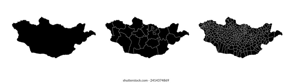 Set of state maps of Mongolia with regions and municipalities division. Department borders, isolated vector maps on white background.