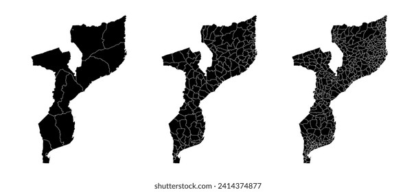 Set of state maps of Mozambique with regions and municipalities division. Department borders, isolated vector maps on white background.