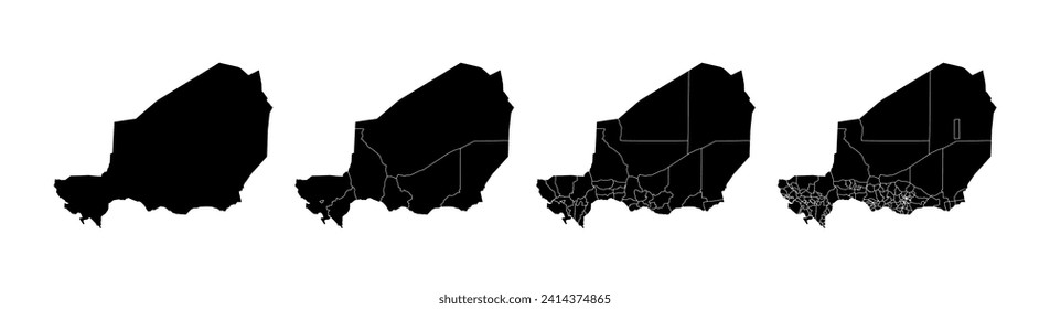 Set of state maps of Niger with regions and municipalities division. Department borders, isolated vector maps on white background.