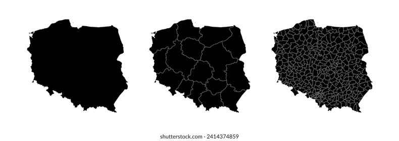 Conjunto de mapas estatales de Polonia con división de regiones y municipios. Bordes departamentales, mapas vectoriales aislados sobre fondo blanco.