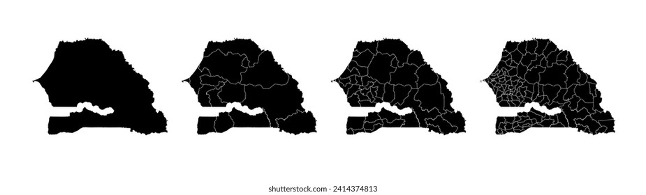 Set of state maps of Senegal with regions and municipalities division. Department borders, isolated vector maps on white background.