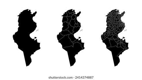 Set of state maps of Tunisia with regions and municipalities division. Department borders, isolated vector maps on white background.