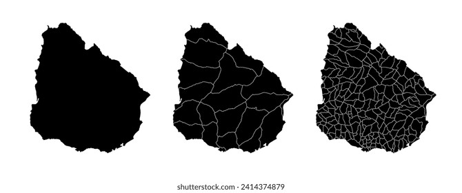 Conjunto de mapas estatales de Uruguay con división de regiones y municipios. Bordes departamentales, mapas vectoriales aislados sobre fondo blanco.