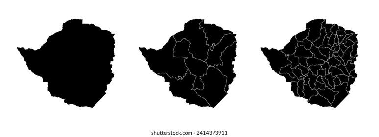 Set of state maps of Zimbabwe with regions and municipalities division. Department borders, isolated vector maps on white background.