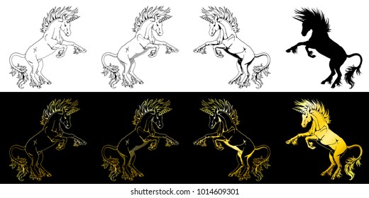 Set the state proud unicorns who got on hind legs black on white and gold on black line-art and silhouette. The planimetric manual drawing an illustration, the page for the book of a coloring.