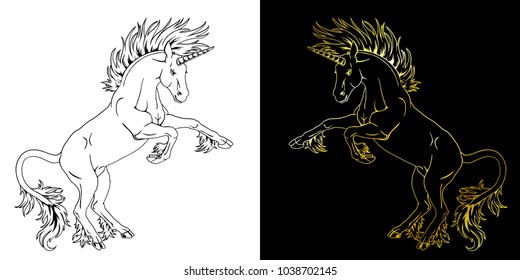 Set the state proud unicorns who got on hind legs black on white and gold on black line-art. The planimetric manual drawing an illustration, the page for the book of a coloring.