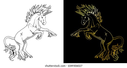 Set the state proud unicorns who got on hind legs black on white and gold on black line contour and shadows. The planimetric manual drawing an illustration, the page for the book of a coloring.