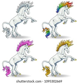 Set the state proud white colorful unicorns with blue eyes and pink, raimbow and gold hairs who got on hind legs on white background isolated. Magical horse animal. The cartoon vector illustration.