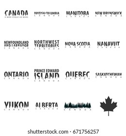 Set States of Canada. Text or labels with silhouette of forest