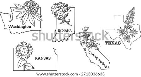 Set with States maps and flower symbols:Washington, Indiana, Kansas, Texas, California