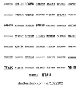 Set States of USA. United States of America. Text or labels with silhouette of forest