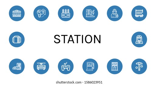 Set of station icons. Such as Coal, Hybrid solution, Power transformer, Gas station, Gas station attendant, Railway carriage, Subway, Tram, Game controller, Fuel , icons