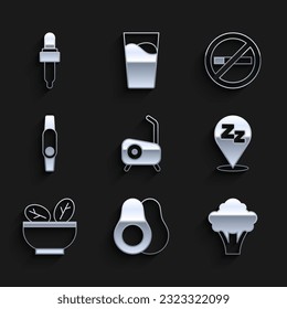 Set Stationary bicycle, Avocado fruit, Broccoli, Sleepy, Salad in bowl, Smartwatch, No Smoking and Pipette with oil icon. Vector