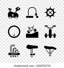 Set Stationary bicycle, Bicycle lock, sprocket crank, Tool allen keys, seat, wheel and Mountain icon. Vector