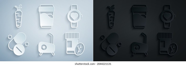 Set Stationary bicycle, Smart watch, Vitamin pill, Glass with water and Carrot icon. Vector