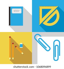 Set of stationary flat icon in carious color, consist of paperclip, pencil, eraser, notebook and ruler