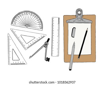 set of stationary , hand draw element sketch vector. work place or school equipment.