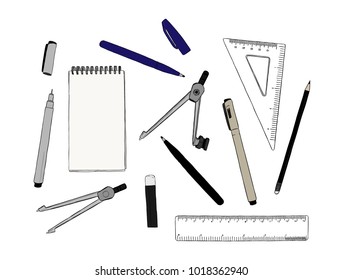 set of stationary , hand draw element sketch vector. work place or school equipment.