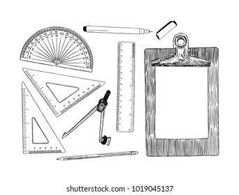 set of stationary , hand draw element sketch vector. work plac eor school equipment.