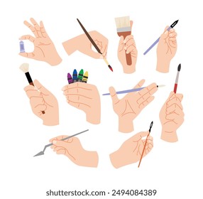 Set of Stationary in hands. People holding brushes pencils lettering calligraphic items for artists recent, Hand holding paintbrushes, isolated on white background, vector illustration.