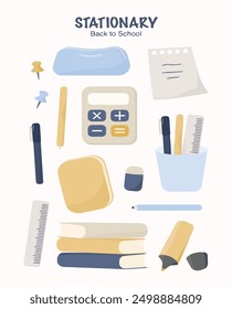 Set of Stationary Illustration. Back to School. Vector