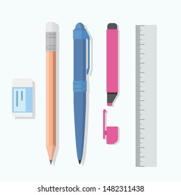 Set stationary Pen, Pencil, ruler, eraser, and marker. Vector illustration flat design.