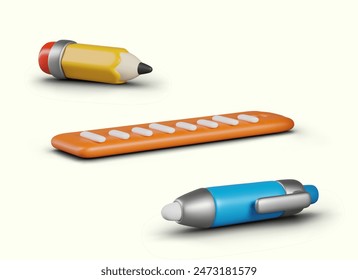 Set of stationery in 3D cartoon style. Realistic pencil, pen, ruler
