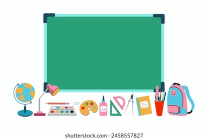  Set of Stationery, accessories for study, schools. School board with place for text, supplies for study, education. Information banner. Chalkboard. Color vector illustration. Background isolated.