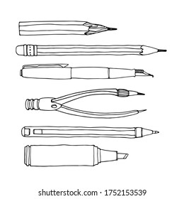 set of stationery, ballpoint pen, pencil, compass, marker, vector illustration isolated on a white background with black ink contour lines in a doodle & hand drawn style