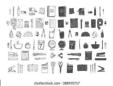 Set of stationery. Big hand drawn collection on a white background. Isolated