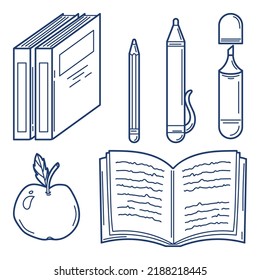 Set of stationery and books for school. Education supplies for children study