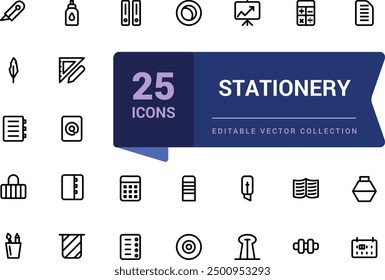 Set of stationery corporate office icon. Containing pen, notebook, stapler, scissors, envelope. Pixel perfect, minimalistic web and UI icon. Outline icon collections.