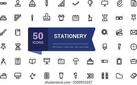 Set of stationery corporate office icon. Containing pen, notebook, stapler, scissors, envelope. Pixel perfect, minimalistic web and UI icon. Outline icon collections.