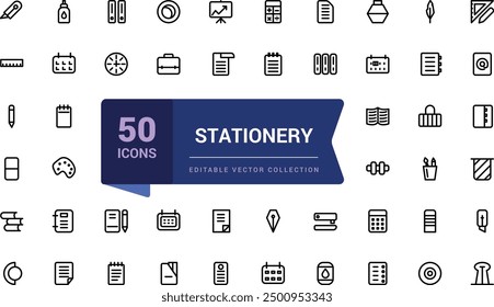Set of stationery corporate office icon. Containing pen, notebook, stapler, scissors, envelope. Pixel perfect, minimalistic web and UI icon. Outline icon collections.