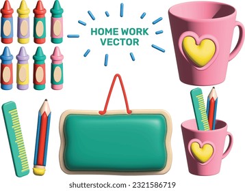 Set of Stationery crayons ,cup ,ruler , pencil , green board , white board , cup keep pencil and ruler with 3D model vector